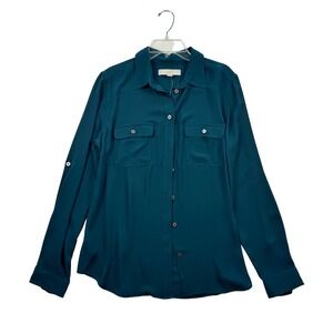 Ann Taylor LOFT Teal Blue Button Down Shirt Women's Size Medium Roll Tab Sleeves